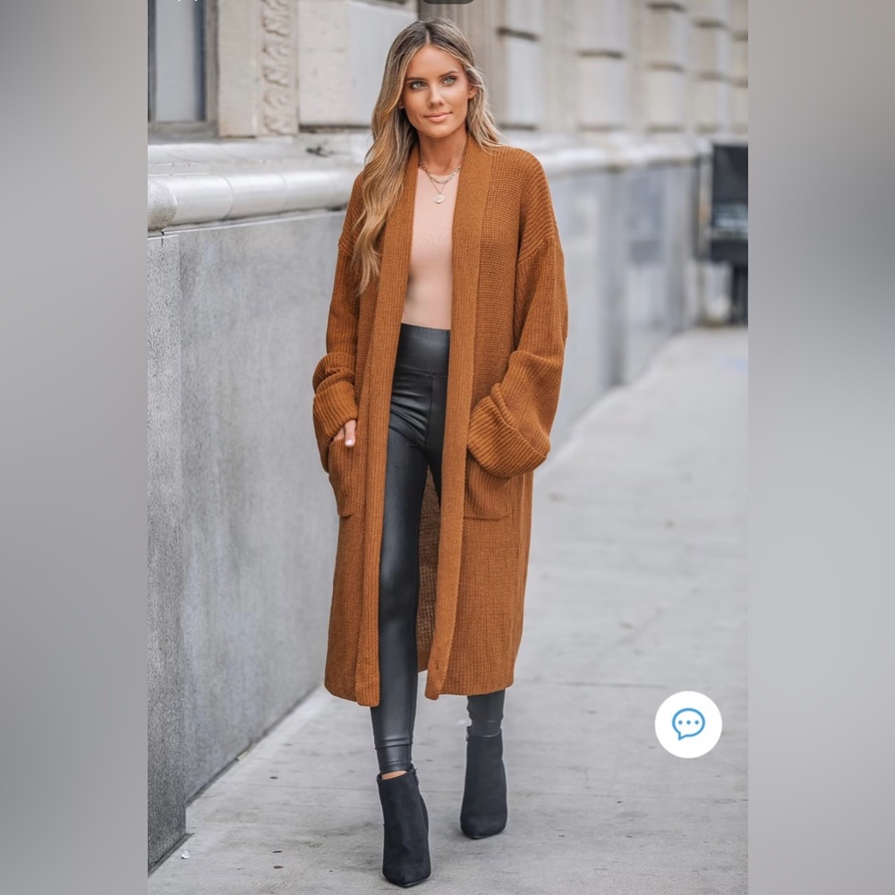 Cupshe Long Open-Front Chunky Cardigan in Rust Brown